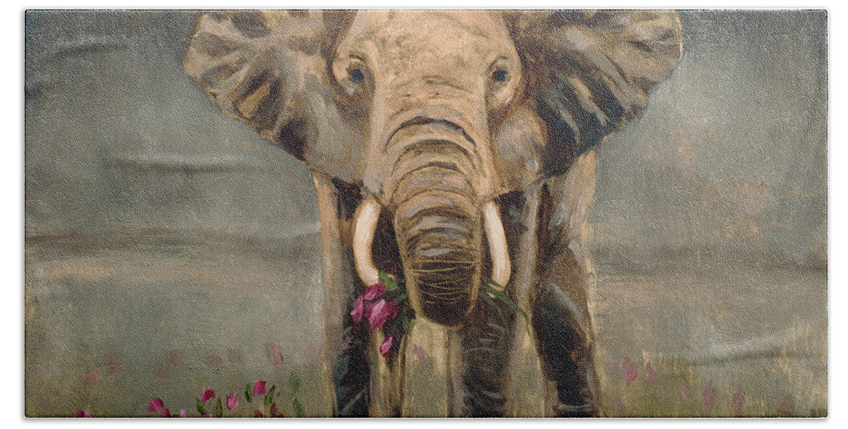 Elephant Hand Towel featuring the painting Romancing the Elephant by Billie Colson