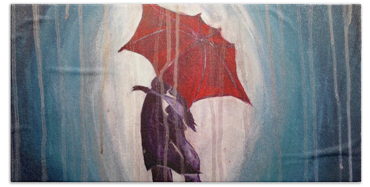 Romantic Couple Bath Towel featuring the painting Romantic Couple under Umbrella by Roxy Rich
