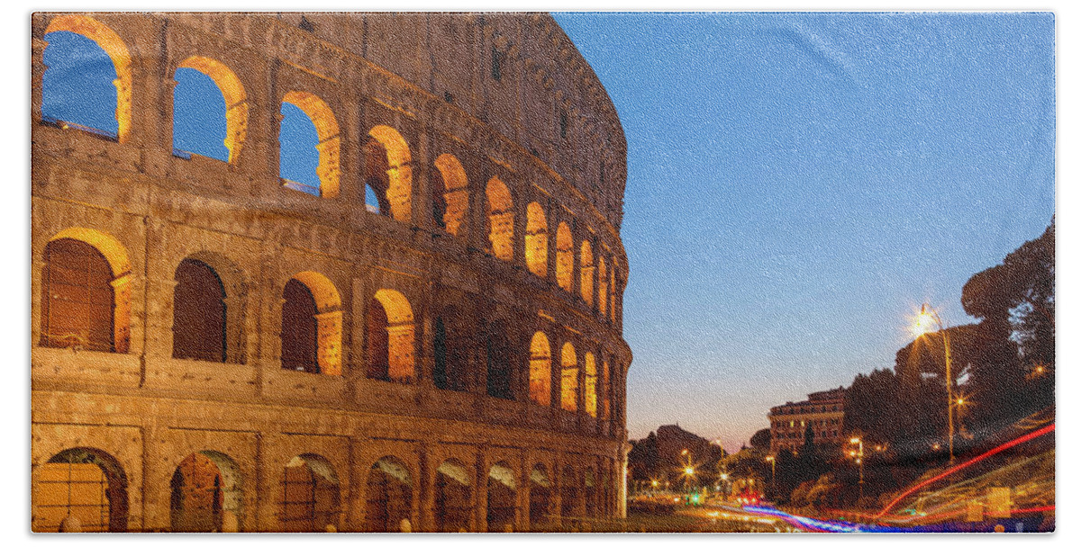 Rome Colosseum Bath Towel featuring the photograph Rome Colosseum at night by Neale And Judith Clark