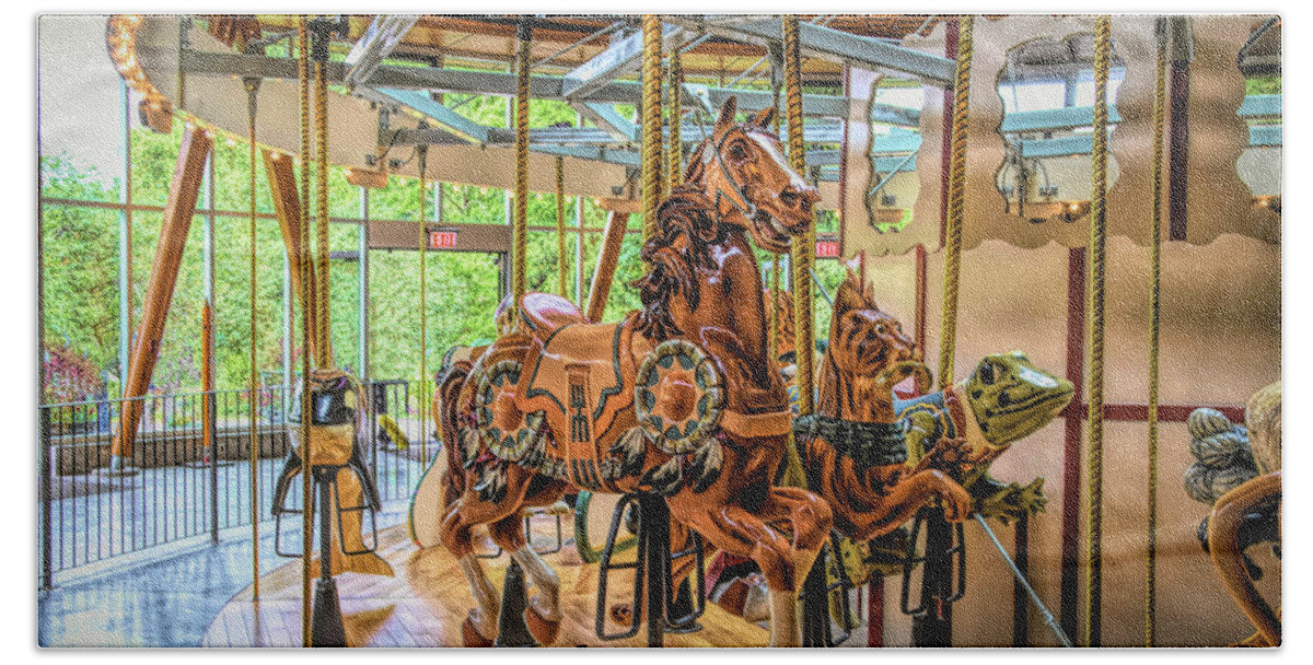 Merry Go Round Bath Towel featuring the photograph Rose Carousel Horse and Friends by Barbara Snyder