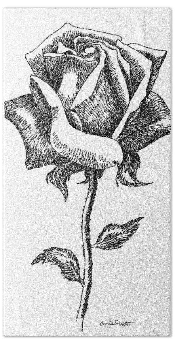 Rose Bath Towel featuring the drawing Rose Drawings Black-White 5 by Gordon Punt