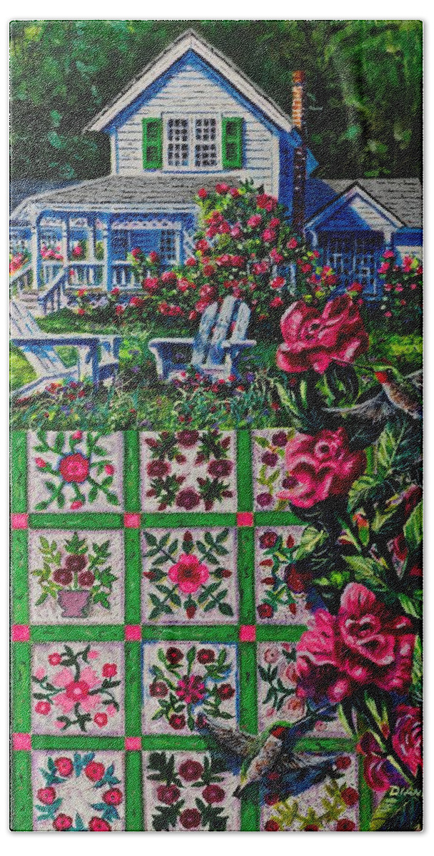 A Patchwork Quilt Of Traditional Rose Patterns In A Rose Garden With Hummingbirds Bath Towel featuring the painting Rose Garden by Diane Phalen