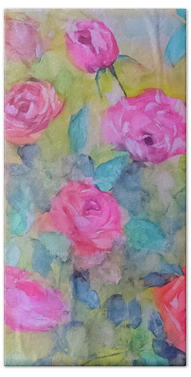 Roses Bath Towel featuring the painting Roses Everywhere by Lisa Kaiser