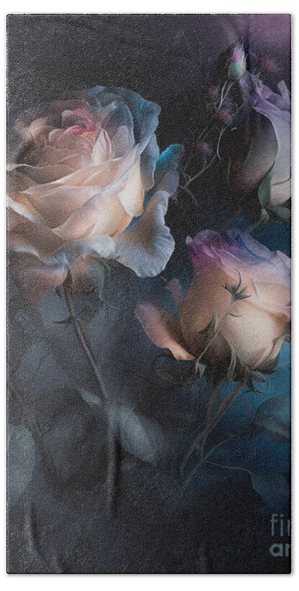 Roses Hand Towel featuring the digital art Roses Opalescent 1 by Shanina Conway