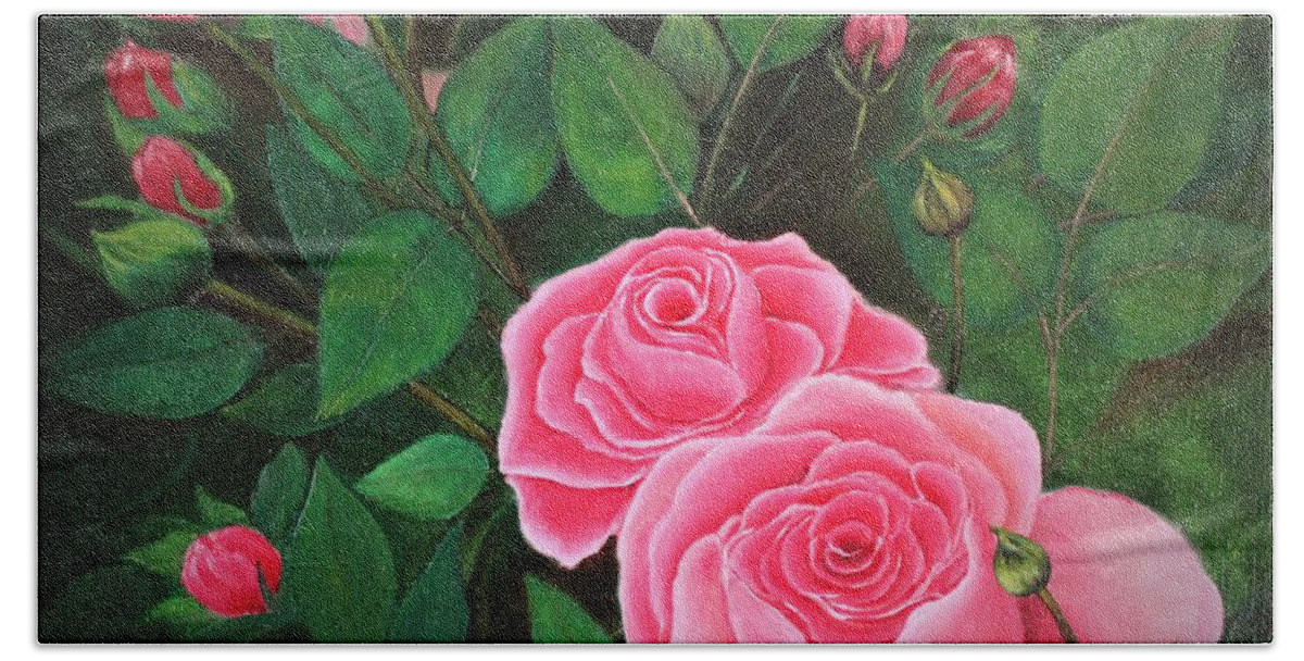 Wall Art Roses Home Decor Pink Roses Painting Original Art Picture Wall Art Oil Painting Art For The Living Room Office Decor Gift Idea For Him Pink Flowers Wall Decor Gallery Art Bath Towel featuring the painting Roses by Tanya Harr