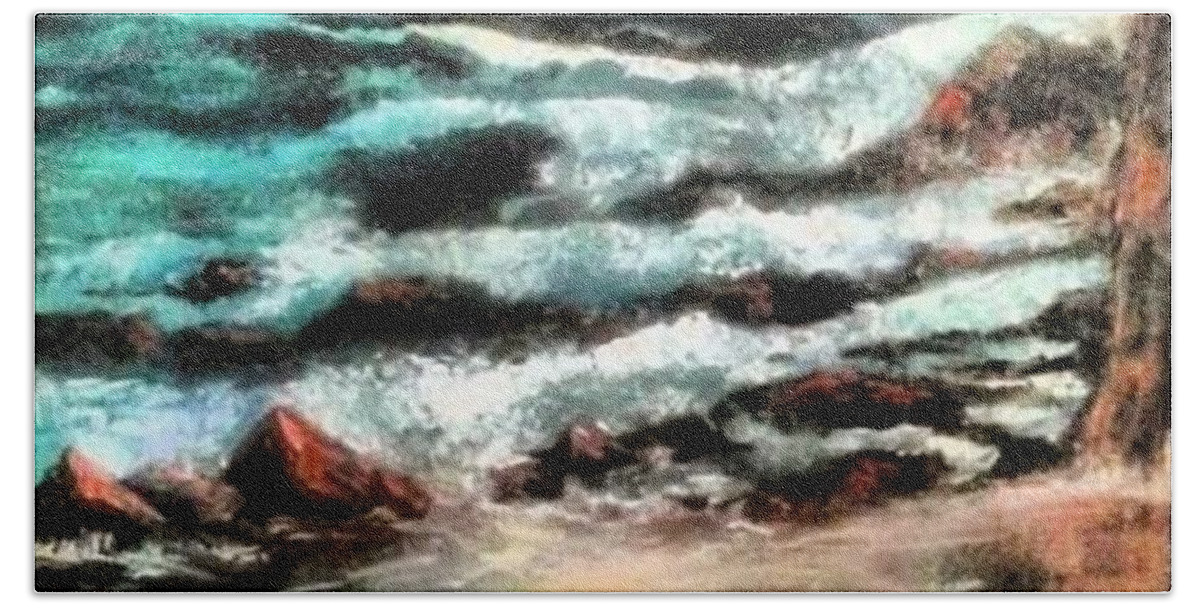 Original Works By Julie Tuckerdemps Hand Towel featuring the painting Rough Nights by Julie TuckerDemps