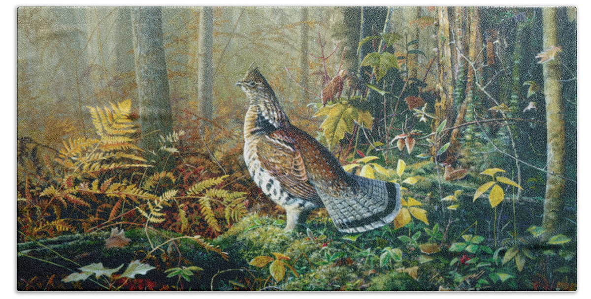 Scott Zoellick Bath Towel featuring the painting Roughed Grouse 2 by Scott Zoellick