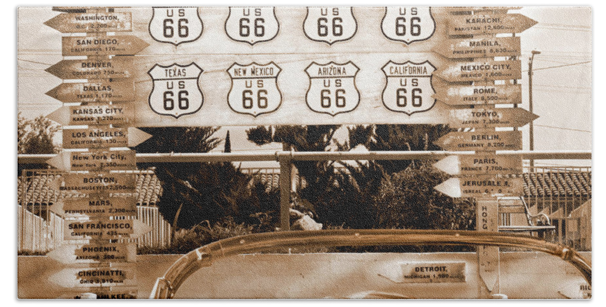 Classic Signs Bath Towel featuring the photograph Route 66 El Rancho Sign by Mike McGlothlen