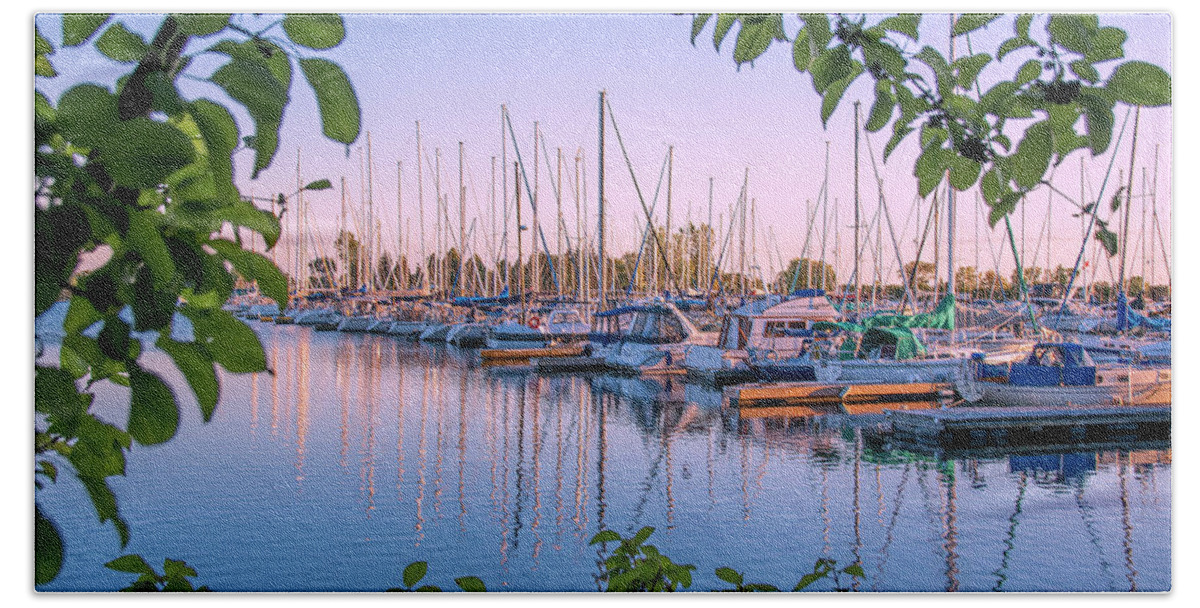 Boats Hand Towel featuring the photograph Row of Boats in the Sunset by John Twynam