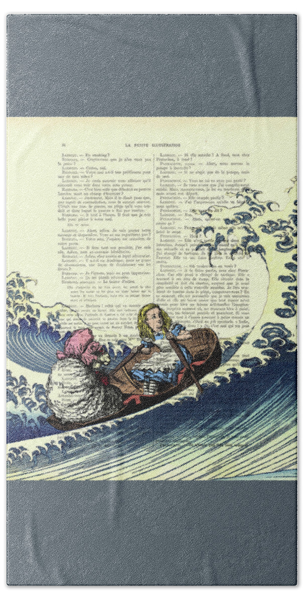 Alice In Wonderland Bath Towel featuring the drawing Rowing Alice in Wonderland fantasy artwork by Madame Memento