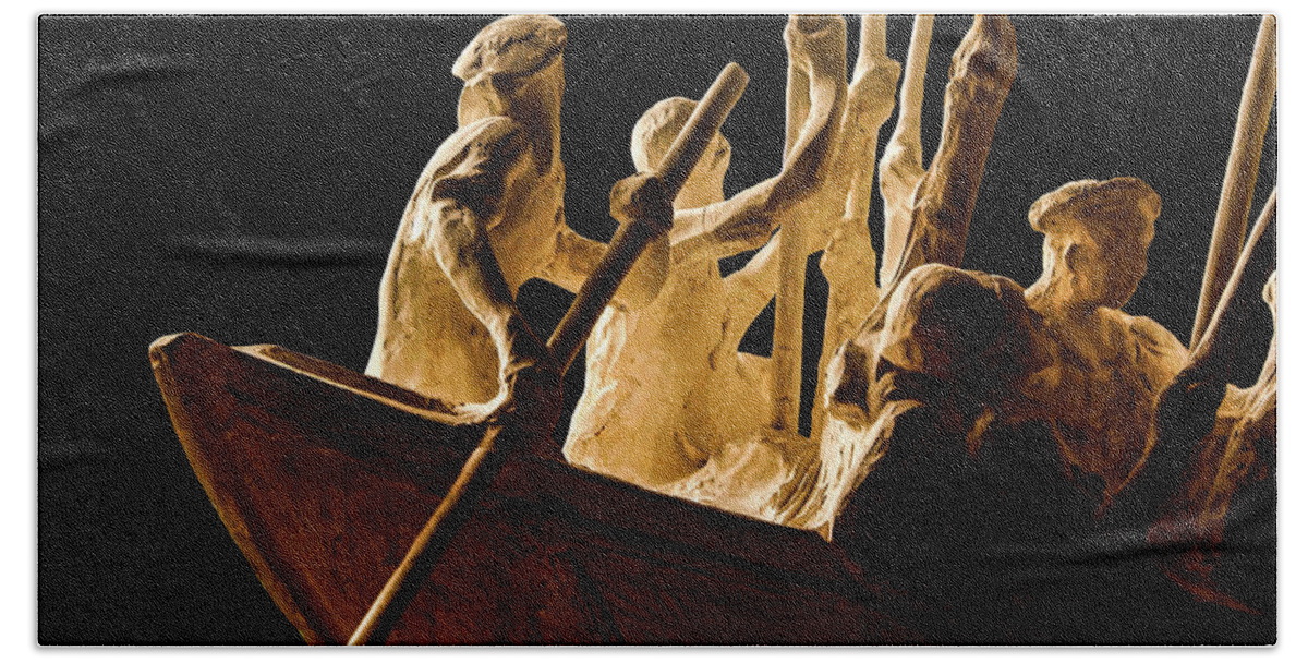 Rowing Boat Sculpture Figurine Sepia Bath Towel featuring the photograph Rowing Sculpture1 by John Linnemeyer