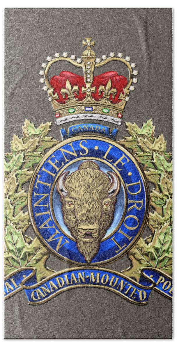 'insignia & Heraldry' Collection By Serge Averbukh Bath Towel featuring the digital art Royal Canadian Mounted Police - R C M P Badge over White Leather by Serge Averbukh