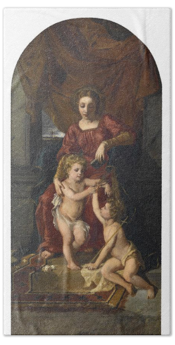 Vintage Bath Towel featuring the painting Rudolph Ernst Maria, John and the Child Jesus, 1875 by MotionAge Designs