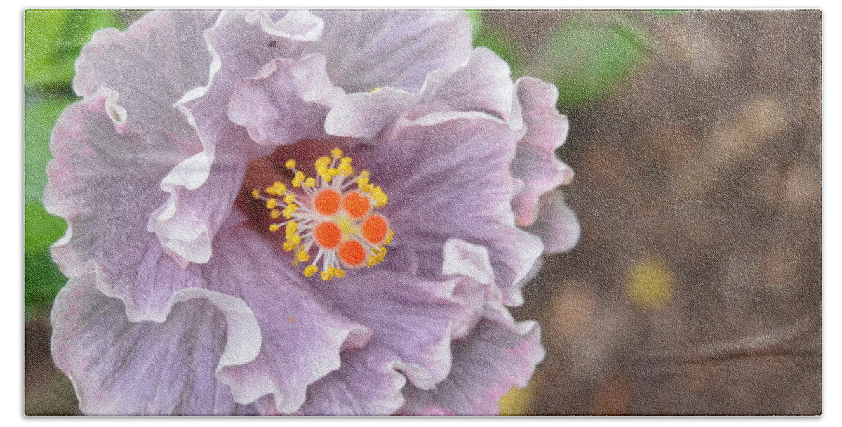 Flower Bath Towel featuring the photograph Ruffled Purple Hibiscus by Amy Fose