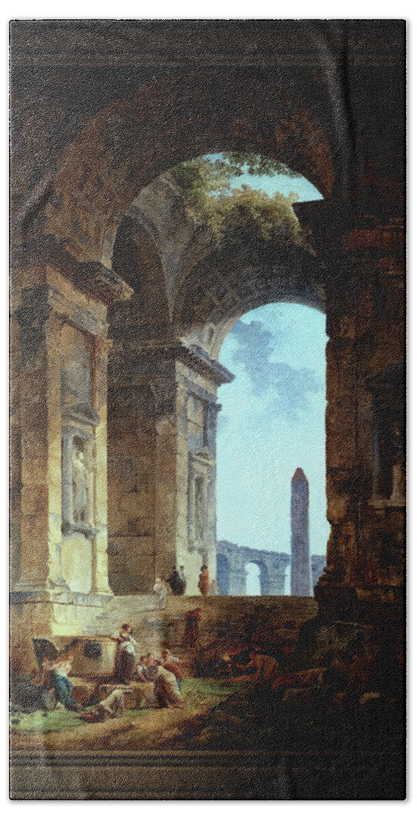 Ruins With An Obelisk Bath Towel featuring the painting Ruins With An Obelisk In The Distance Fine Art Old Masters Reproduction by Rolando Burbon