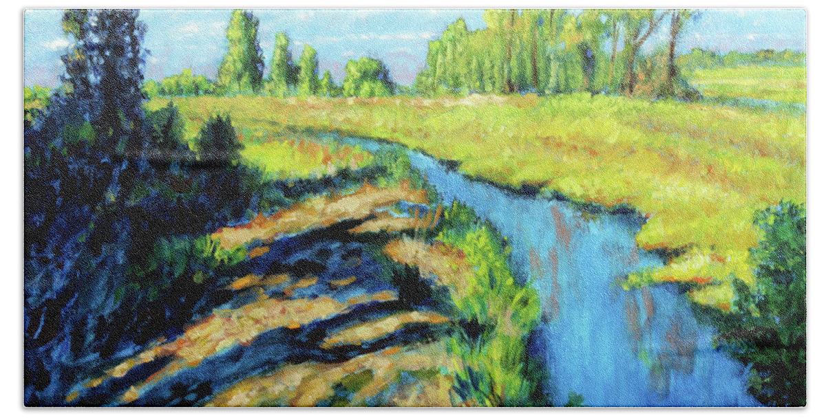 Creek Hand Towel featuring the painting Running Creek by John Lautermilch
