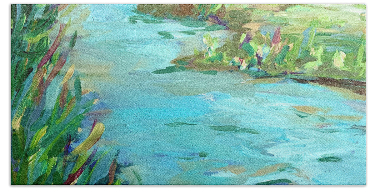 Blue Water Bath Towel featuring the painting Running River by Patsy Walton