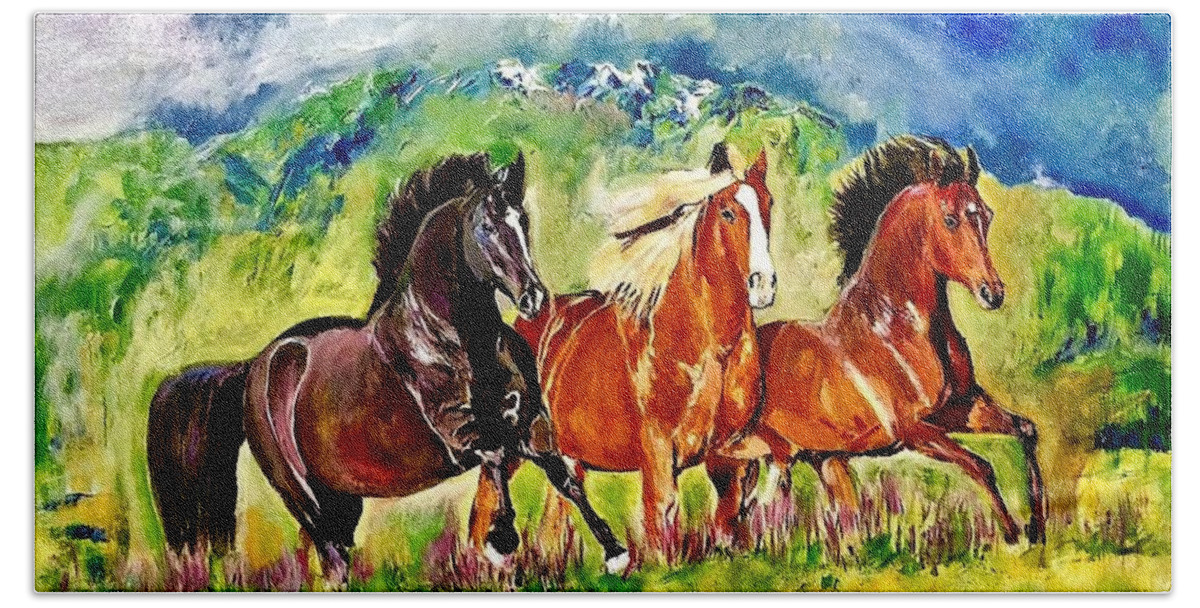 Horse Bath Towel featuring the painting Running three by Khalid Saeed