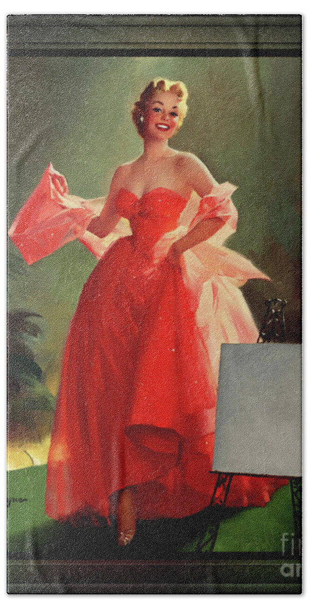 Runway Model Bath Towel featuring the painting Runway Model In A Pink Dress by Gil Elvgren Pin-up Girl Wall Decor Artwork by Rolando Burbon
