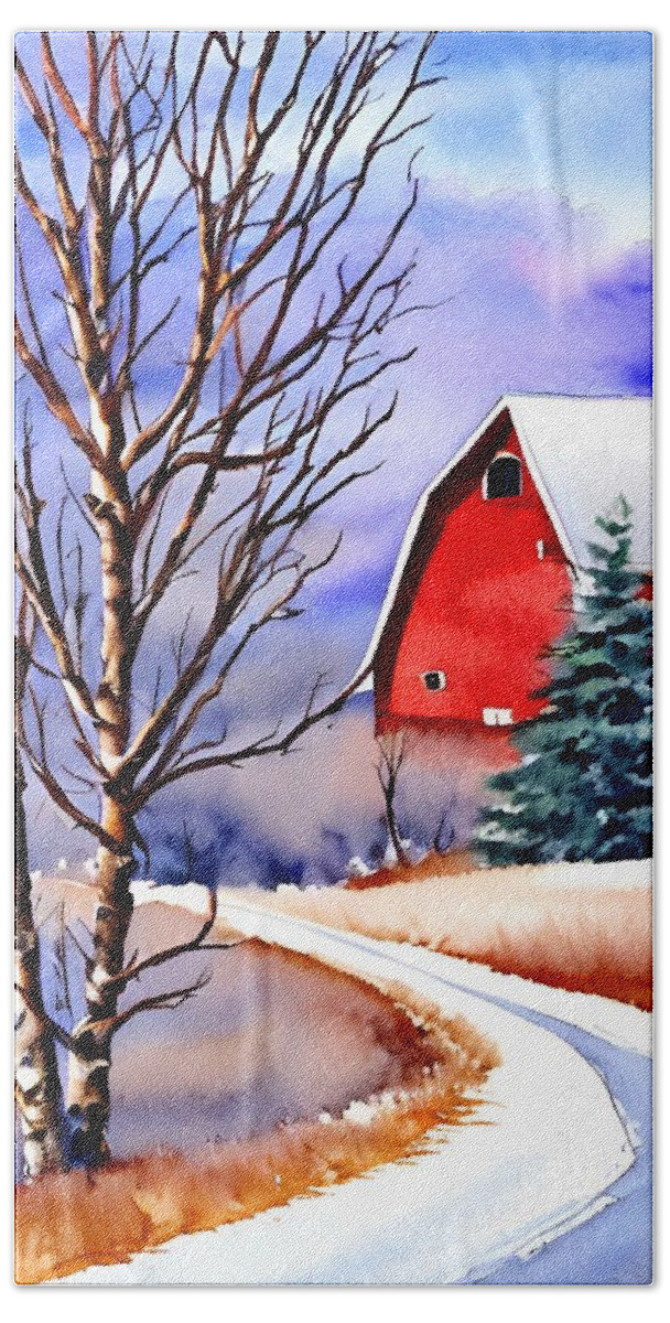 Redbarn Hand Towel featuring the mixed media Red Barn - rural life, first snowfall by Bonnie Bruno
