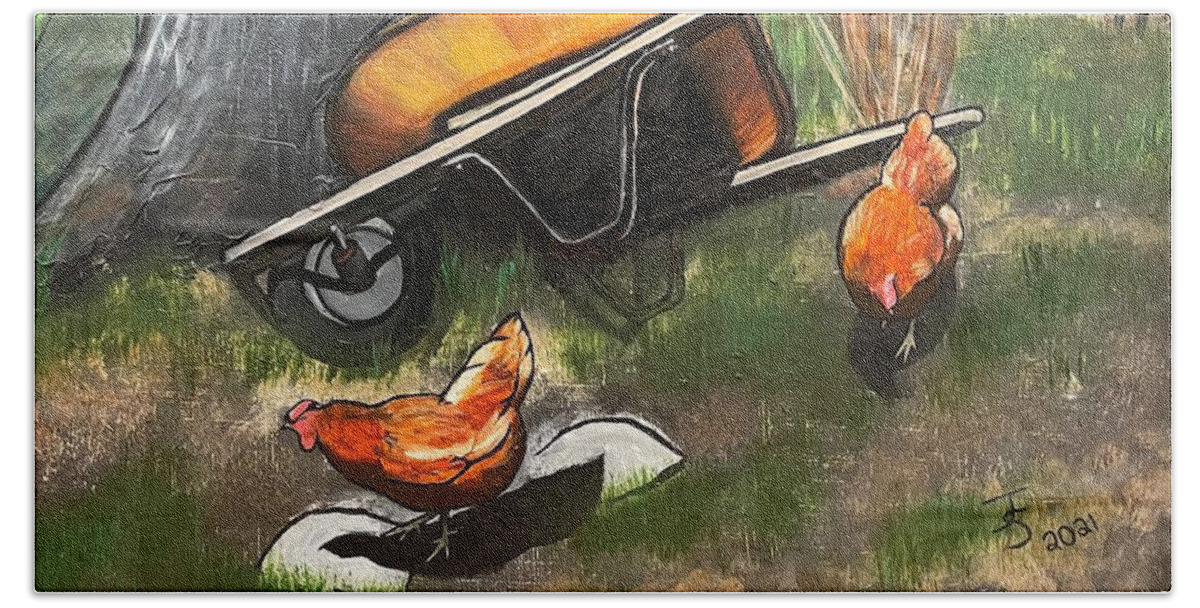 Chickens Bath Towel featuring the painting Rust and Eggs by Joanne Stowell