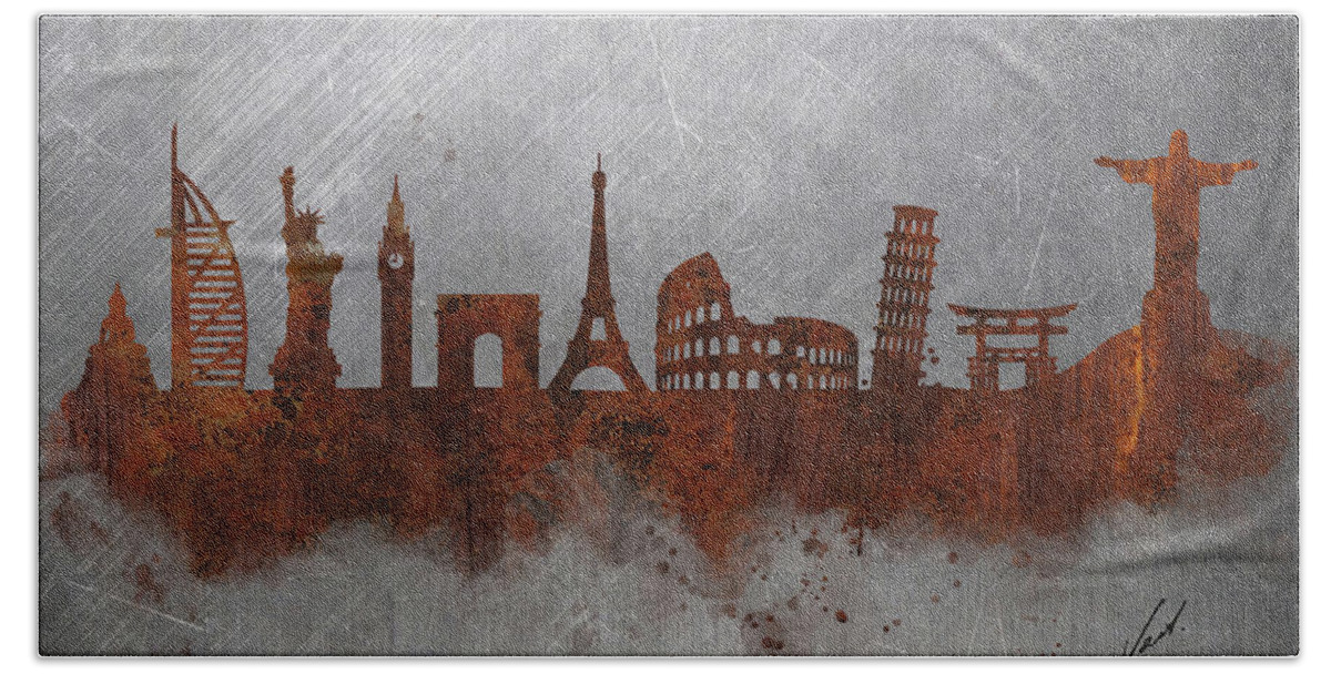 Rust Bath Towel featuring the painting Rust- Around the World by Vart by Vart