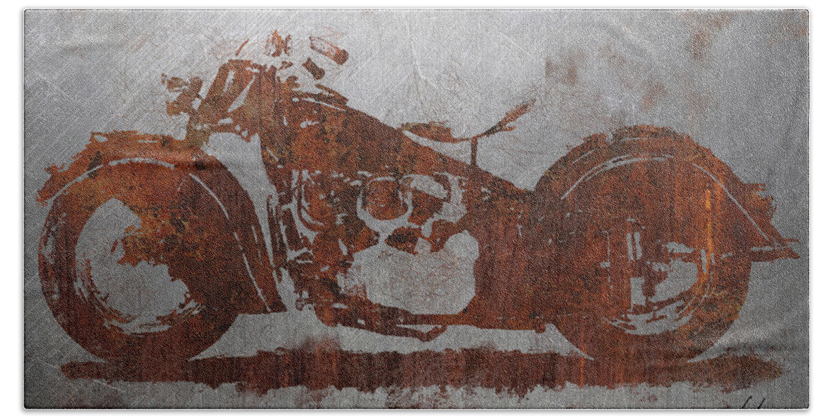 Rust Bath Towel featuring the mixed media Rust Indian Classic motorcycle by Vart Studio
