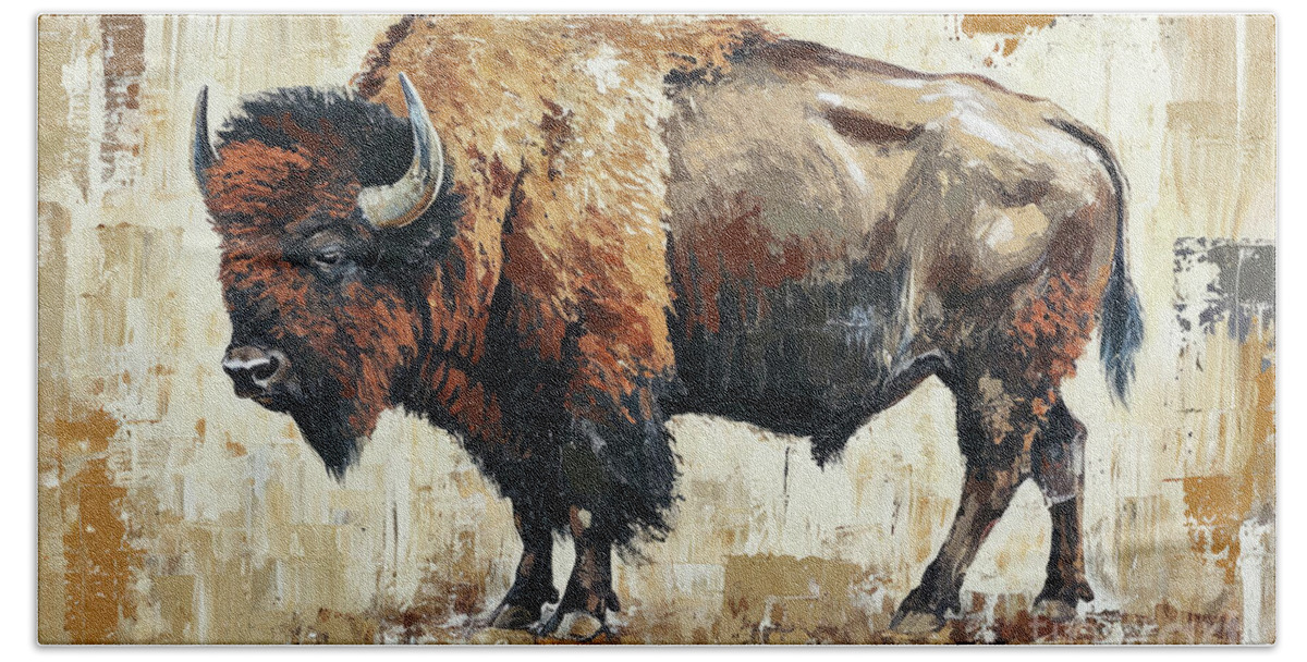Buffalo Hand Towel featuring the painting Rustic Buffalo by Tina LeCour