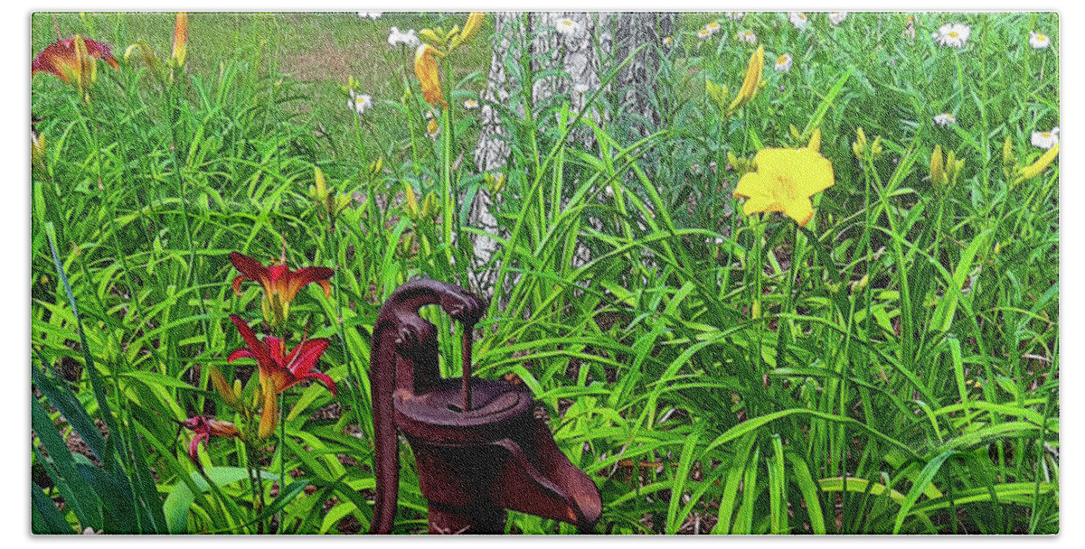 Water Pump Hand Towel featuring the photograph Rustic Water Pump in the Summer Garden by Ola Allen