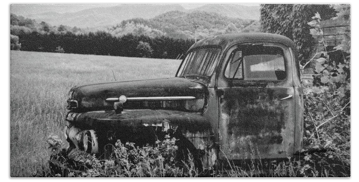 Truck Bath Towel featuring the photograph Rusty Ford in the Mountain Sunshine Black and White by Debra and Dave Vanderlaan