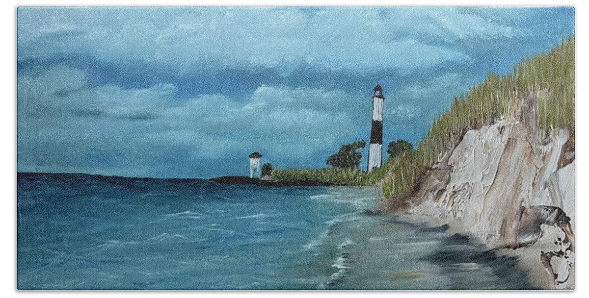 Oil Painting Bath Towel featuring the painting Sable Lighthouse by Lisa White