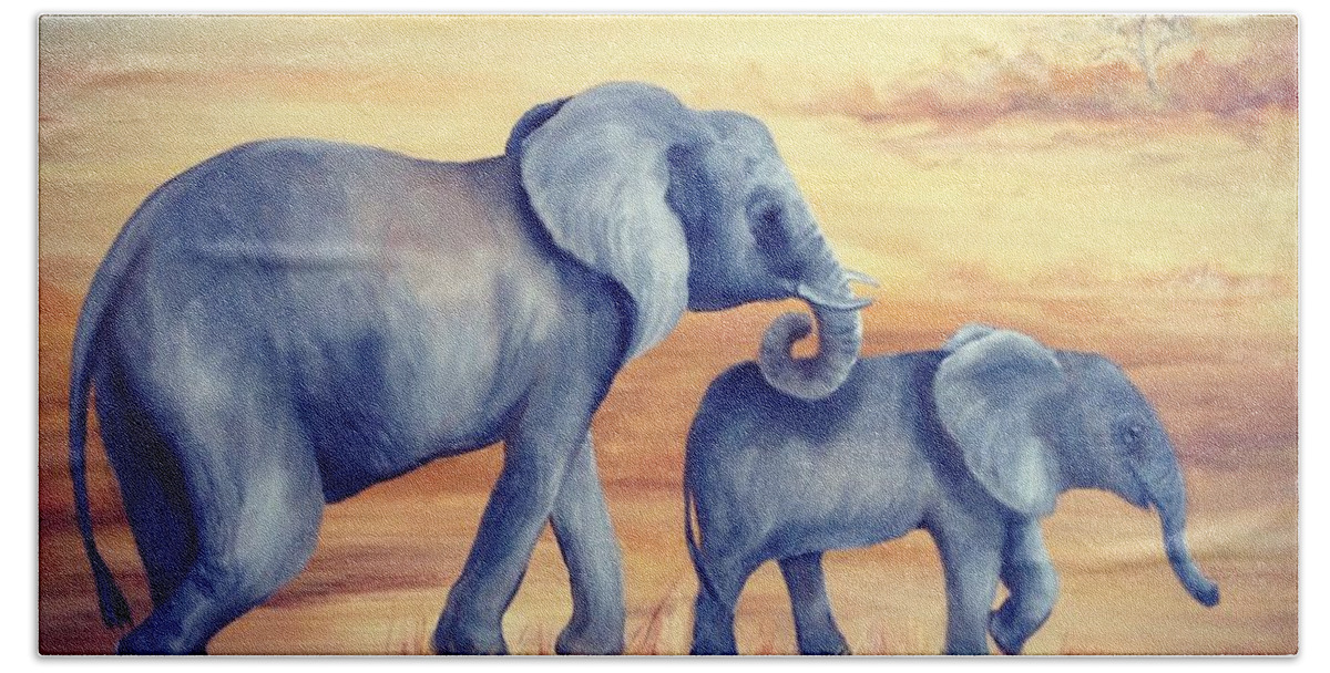 Elephants Hand Towel featuring the painting Safari by Barbara Landry