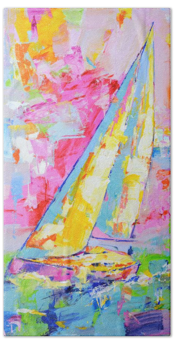 Sailboats Bath Towel featuring the painting Sailboat 6. by Iryna Kastsova