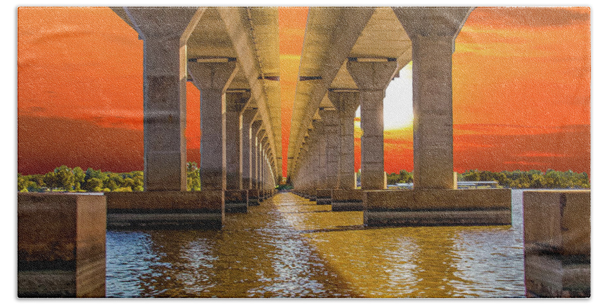Sailboat Bridge Bath Towel featuring the photograph Sailboat Bridge at Sunset by David Wagenblatt