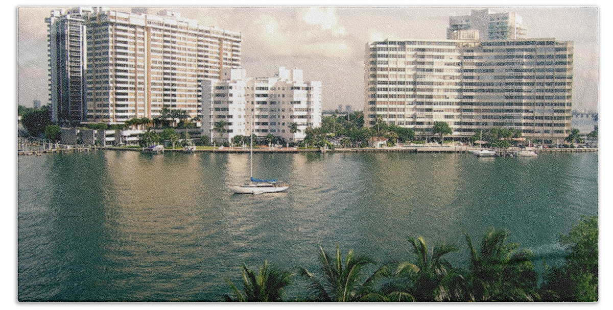 Miami Beach Bath Towel featuring the photograph Sailboat In Miami Beach Florida by Phil Perkins