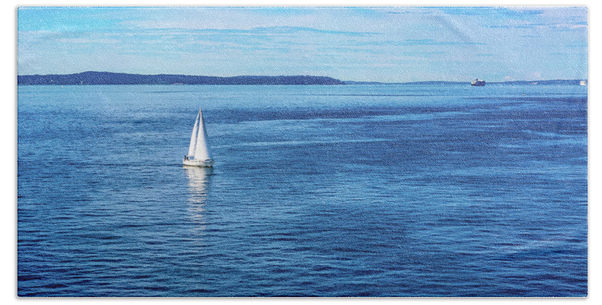 Sailboat Bath Towel featuring the digital art Sailboat in Puget Sound by SnapHappy Photos