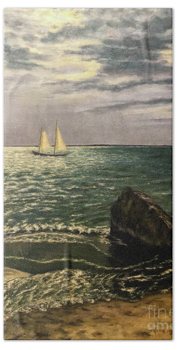 Paintings Hand Towel featuring the painting Sailboat on Marthas Vineyard by Sherrell Rodgers