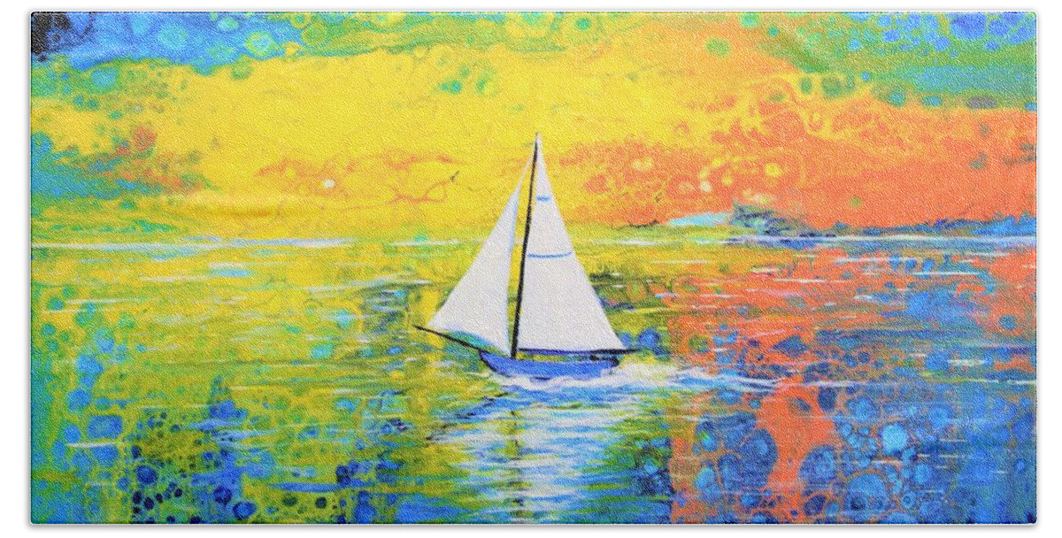 Wall Art Sailboat Sky Pouring Art Sunrise Sunset Home Decor Blue Sky Water Lake Art Gallery Acrylic Painting Abstract Painting Hand Towel featuring the painting Sailboat by Tanya Harr