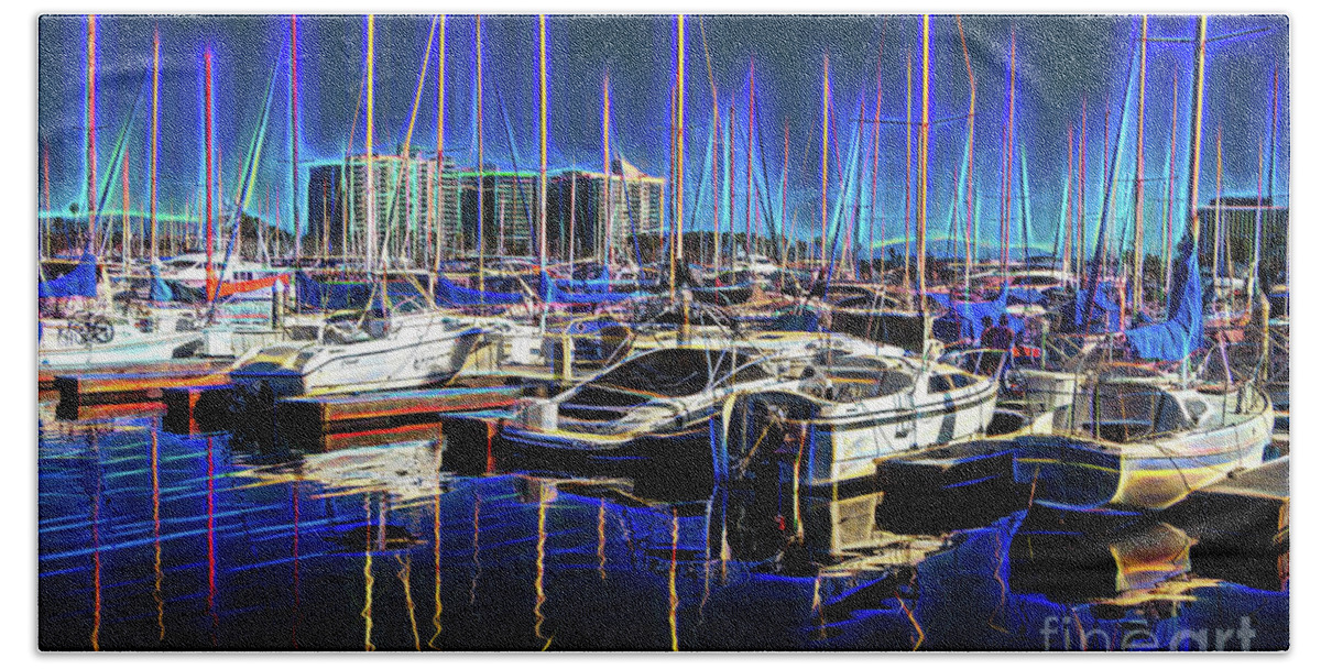 Sailboats Bath Towel featuring the photograph Sailboats in Night Glow by Roslyn Wilkins