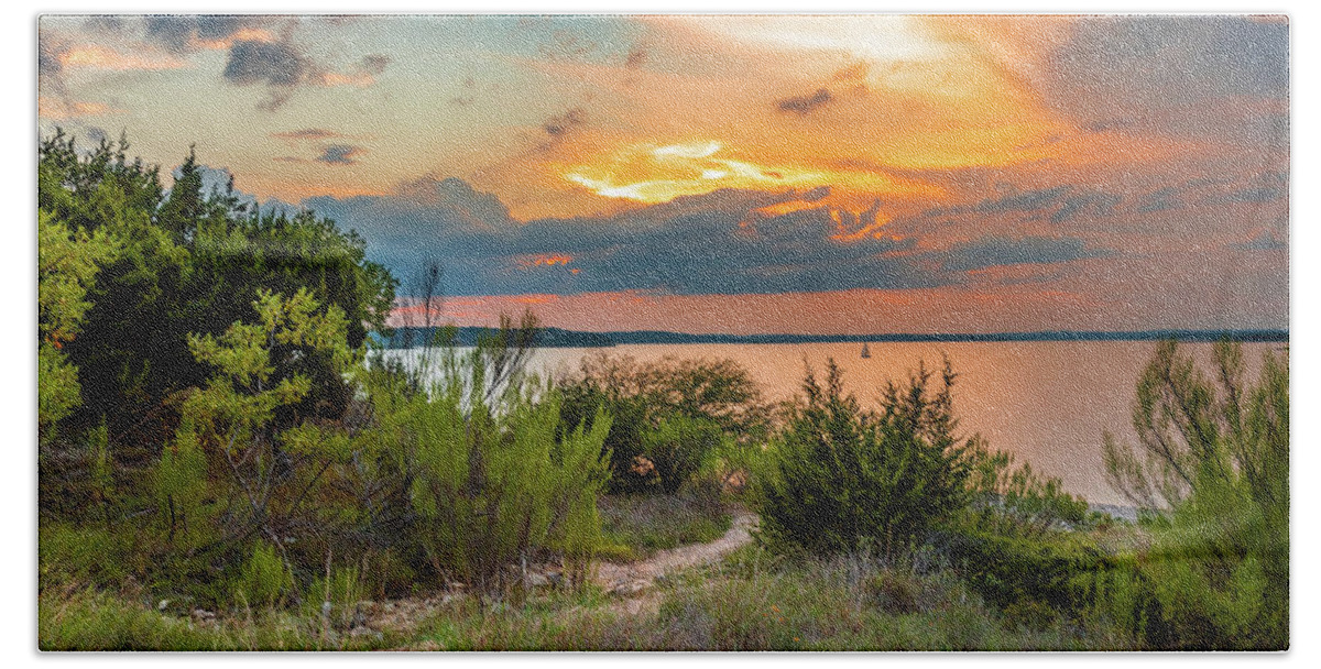 Hill Country Bath Towel featuring the photograph Sailing a Canyon Lake Sunset by Erin K Images
