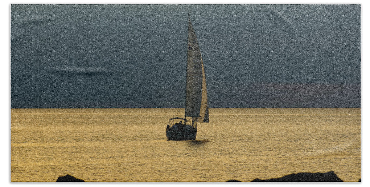 Door County Bath Towel featuring the photograph Sailing at Sunset by Deb Beausoleil