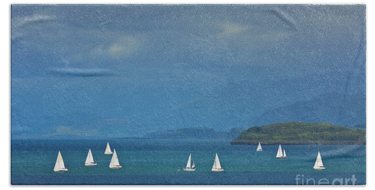 Stormy Weather Bath Towel featuring the photograph Yachts in the blue - Sailing Boats off the Island Of Mull, Scotland by Neale And Judith Clark