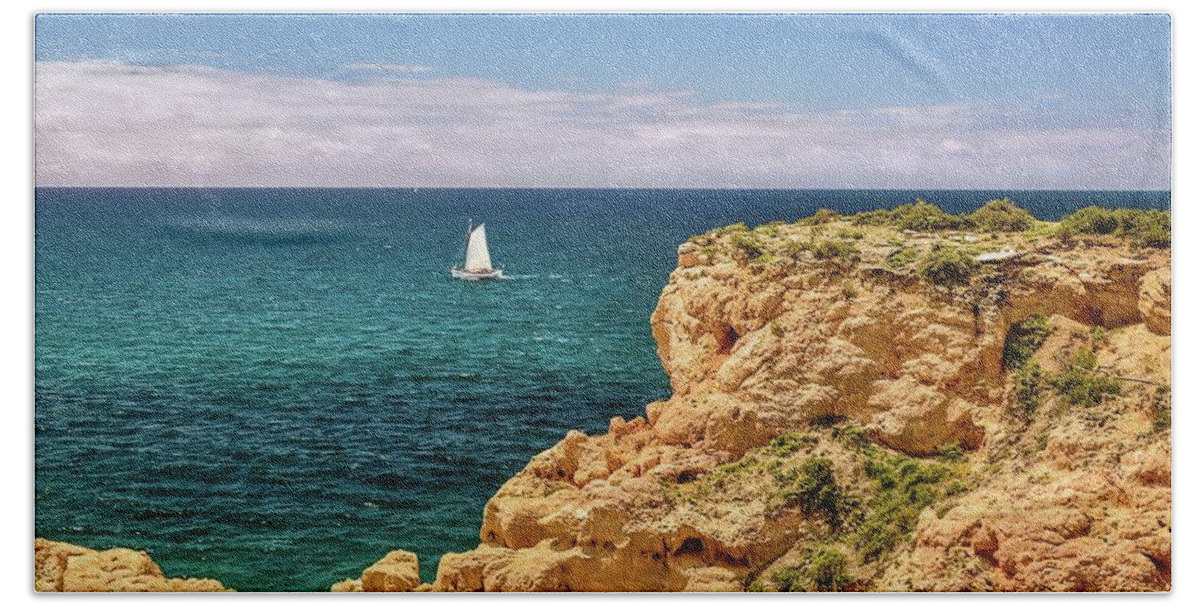 Algarve Coast Bath Towel featuring the photograph Sailing Off the Algarve Coast in Portugal by Rebecca Herranen