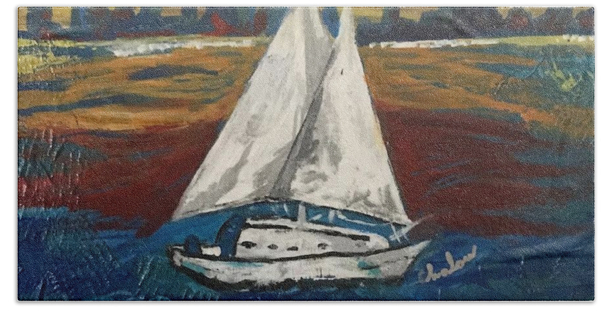  Bath Towel featuring the painting Sailing on the Horizon by Charles Young