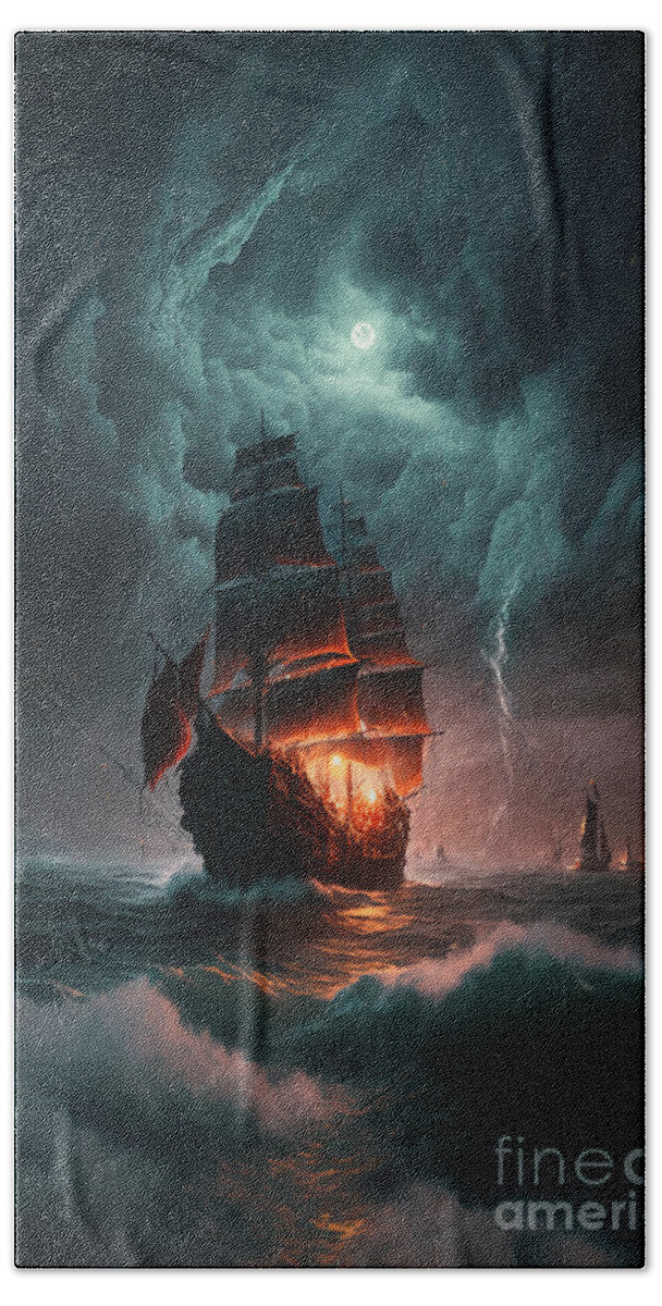 Sailboat Hand Towel featuring the painting Sailing Ship Fighting Waves And Storm In The Sea, Ships Vintage Collection, No 01 by Mounir Khalfouf