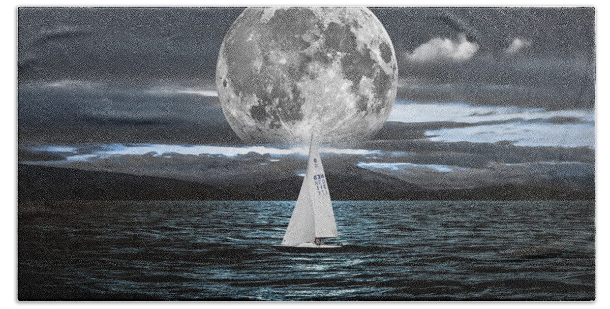 Blue Tree Bath Towel featuring the mixed media Sailing Under The Moon by Marvin Blaine