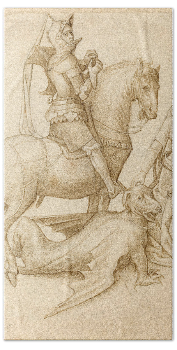 Attributed To Hugo Van Der Goes Bath Towel featuring the drawing Saint George and the Dragon by Attributed to Hugo van der Goes