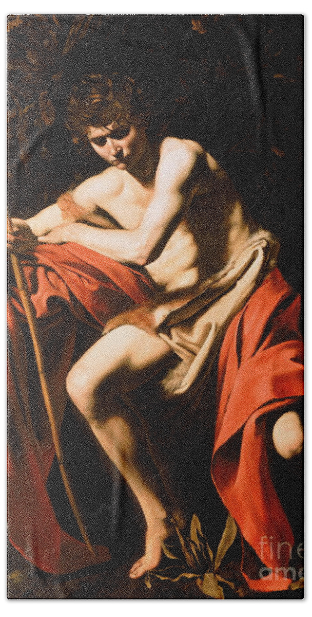 John The Baptist Bath Towel featuring the painting Saint John in the Wilderness by Michelangelo Merisi da Caravaggio
