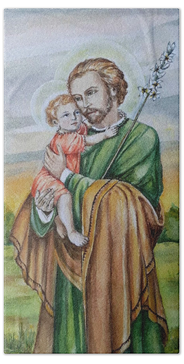 Saint Joseph Bath Towel featuring the painting Saint Joseph and Child by Carolina Prieto Moreno