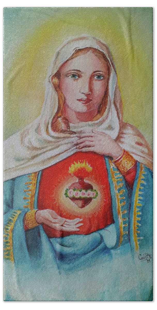 Saint Mary Bath Towel featuring the painting Saint Mary s sacred heart by Carolina Prieto Moreno